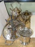 Silver plated spirit kettle and stand, chamber stick, tray, epergne stand, cream jug, etc