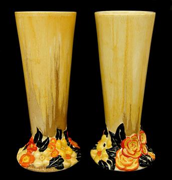 Tall Pair Of Clarice Cliff My Garden Bizarre Flared Vases Shape