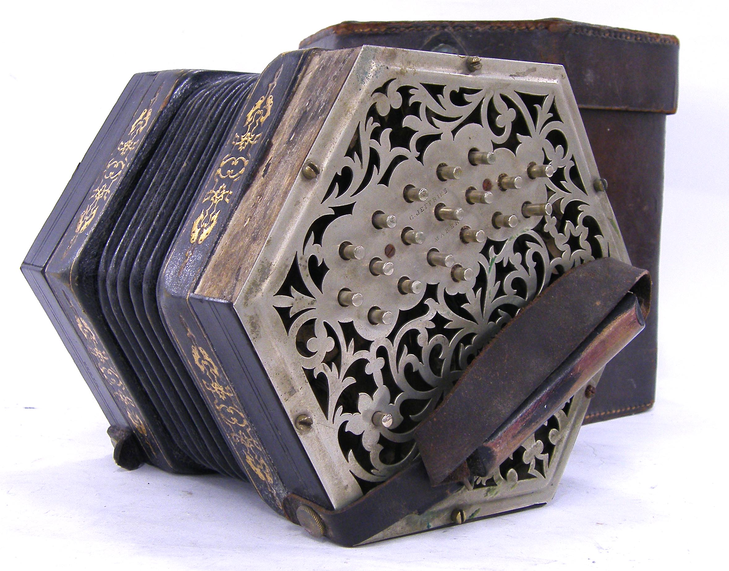 C. Jeffries three row Anglo concertina inscribed C. Jeffries Maker to