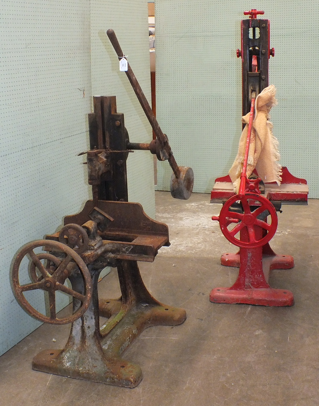 An antique cast iron hand mortising machine standing 170cm high, a
