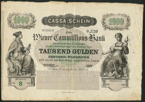1 Wiener Commissions Bank Cassen Schein An Unissued 1000 Gulden
