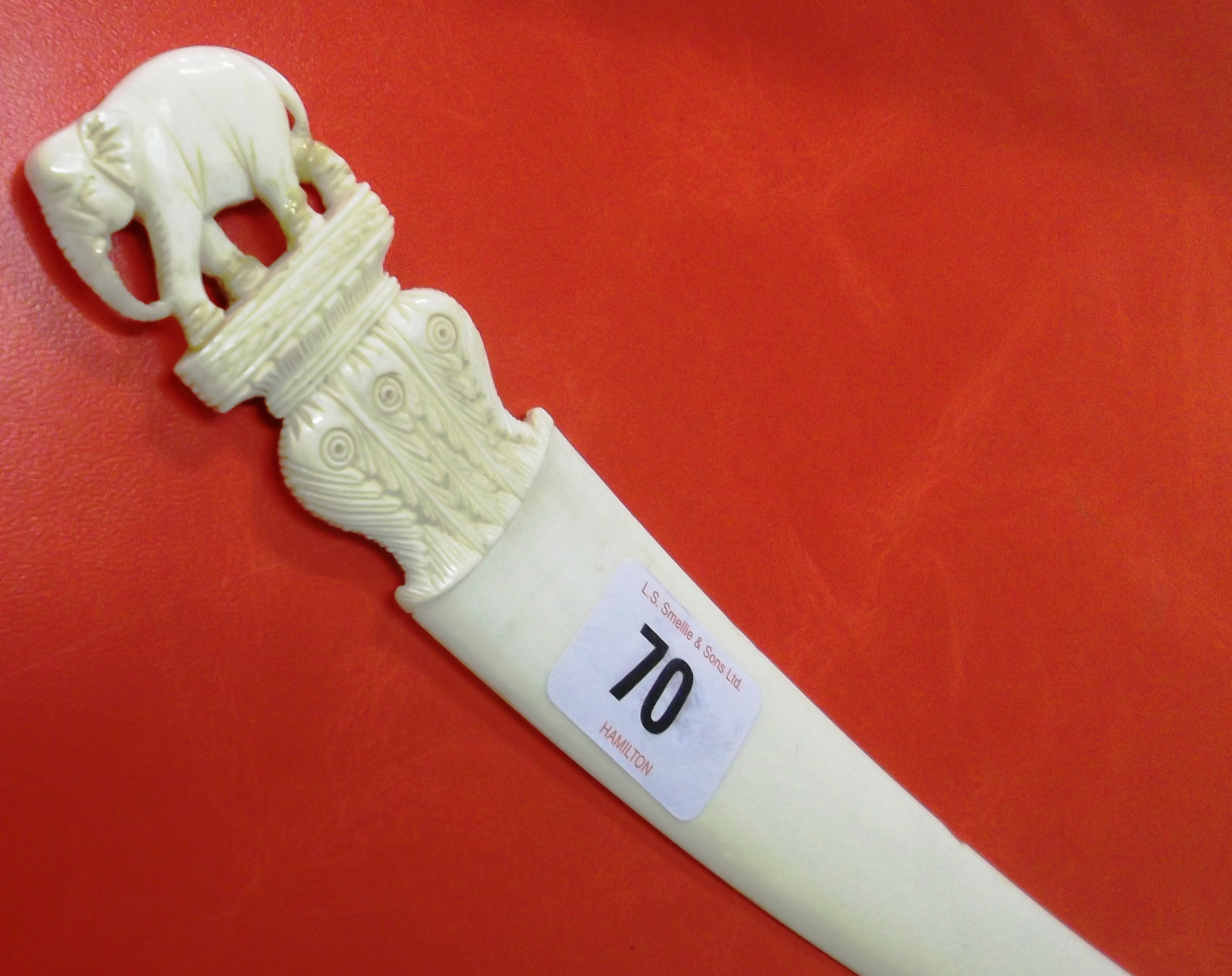 HAND CARVED IVORY LETTER OPENER WITH ELEPHANT FINIAL HANDLE