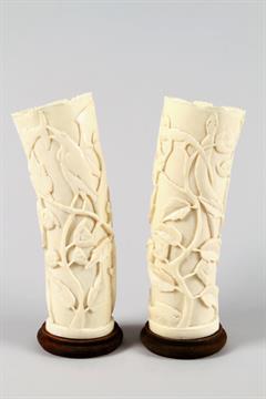 Pair African Carved Ivory Tusk Vases Carved Foliate With Monkeys