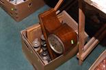 A box inc. an oak cased mantel clock, three light silver plate candelabra, prints etc