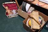 Two boxes inc. a quantity of needlework patterns, baskets etc. tog. with a vintage suitcase