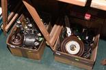 Two boxes inc. a quantity of silver plate, copper spirit kettle, horse brasses, oak cased