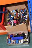 Two boxes containing a quantity of play worn model vehicles inc. Burago, Corgi etc.