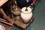 Three table lamps, brass, pottery and gilt metal