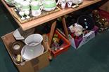 Three boxes inc. Japanese vase, gilt metal three light chandelier, pair of cased glass vases etc