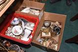 Three boxes inc. capodimonte style figures, collector plates, Staffordshire teapot, 19th century and