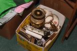 A box inc. a quantity of silver plate flatware, a pair of white metal mounted oak candlesticks,