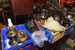 Four boxes inc. a hurricane lantern, two brass oil lamps (one converted), 1930`s opaque glass