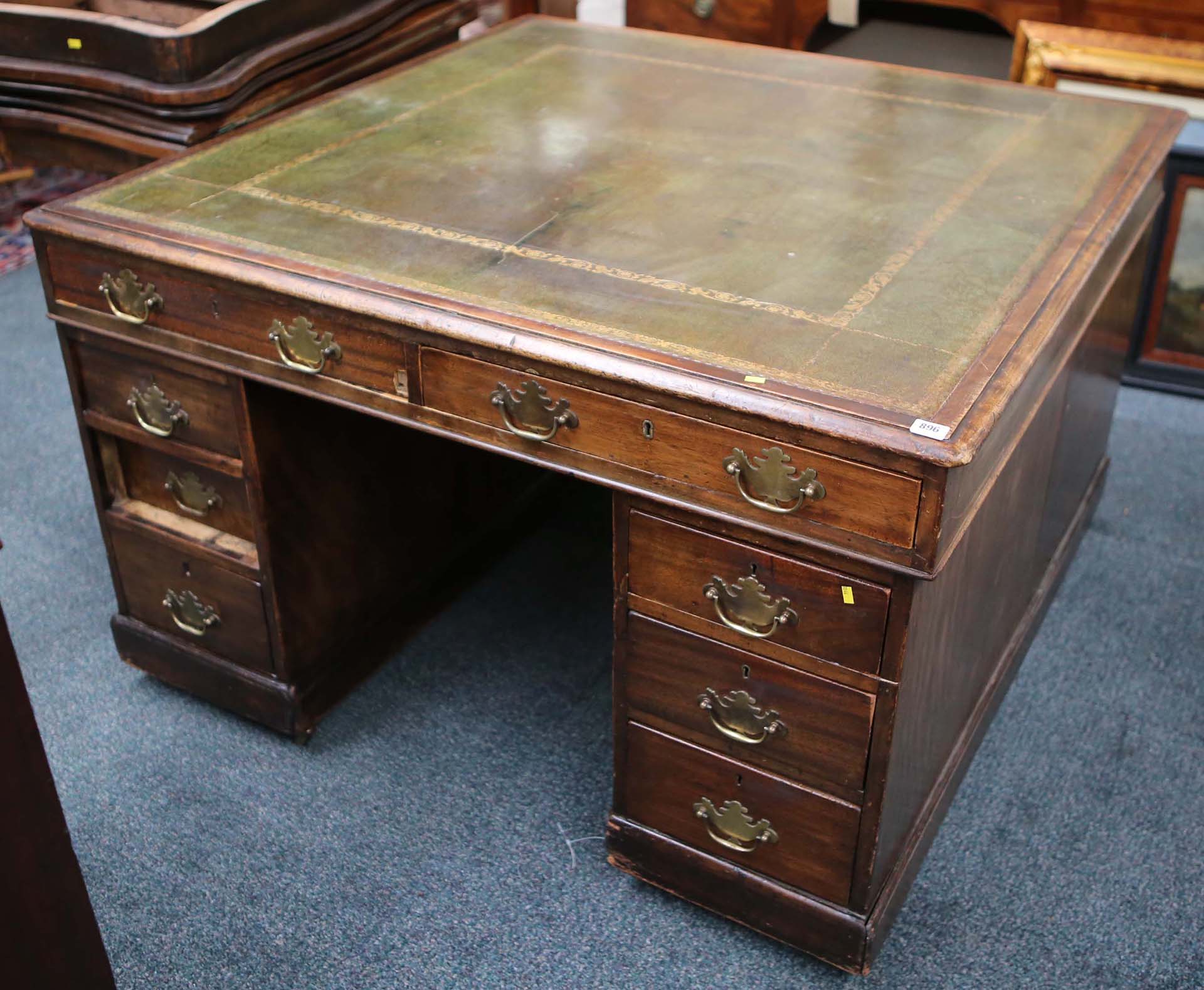 A 19th Century Small Square Partners Desk Mahogany Frame Green