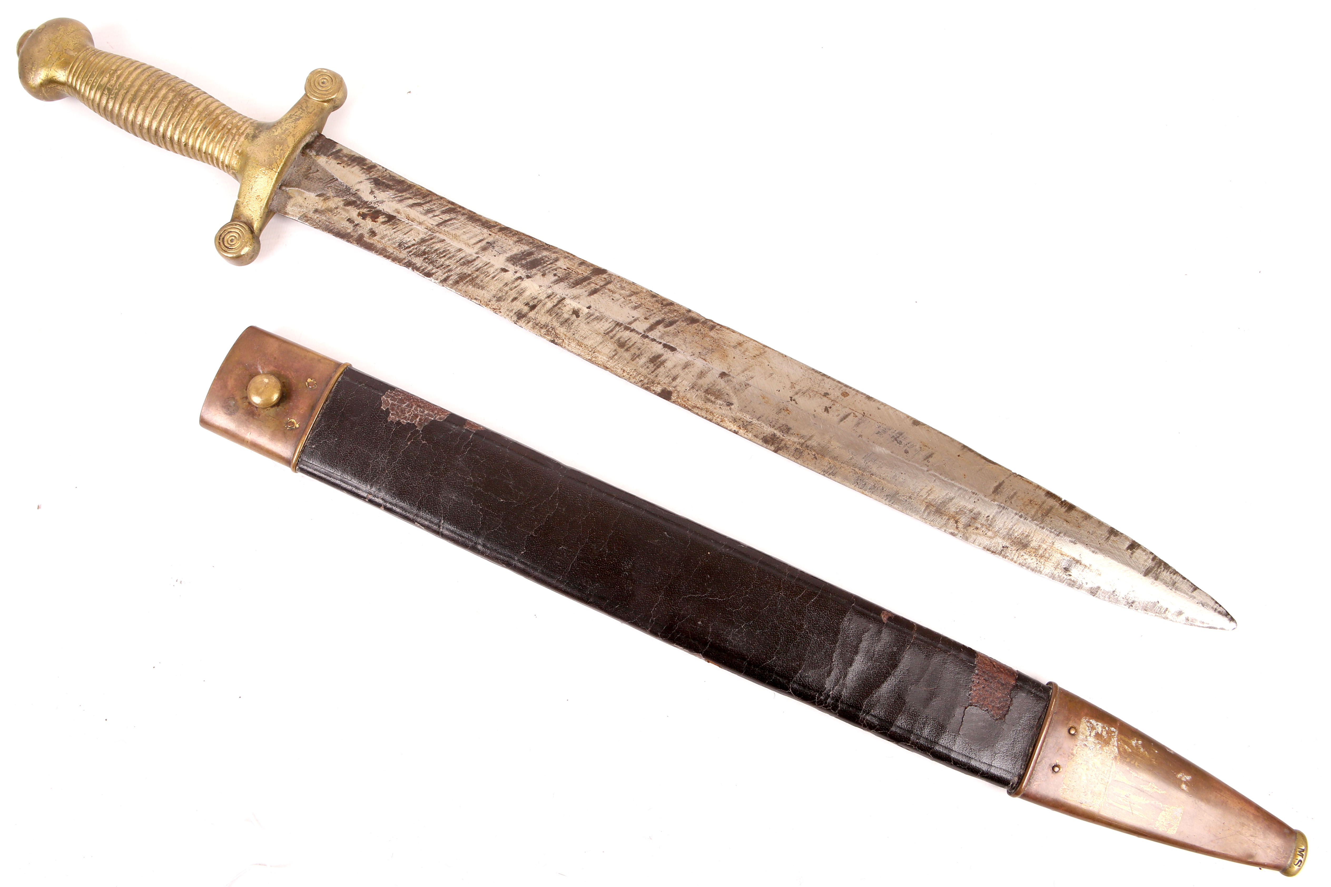 A 19th Century French Artillery short sword, circa 1830, Gladius Roman style brass grip with roun