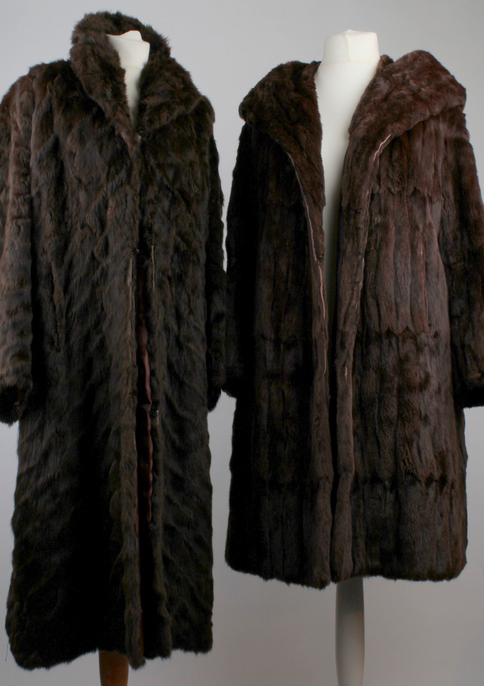 Two vintage ladies` fur coats, probably dark brown soft moleskin, one with shawl style collar and