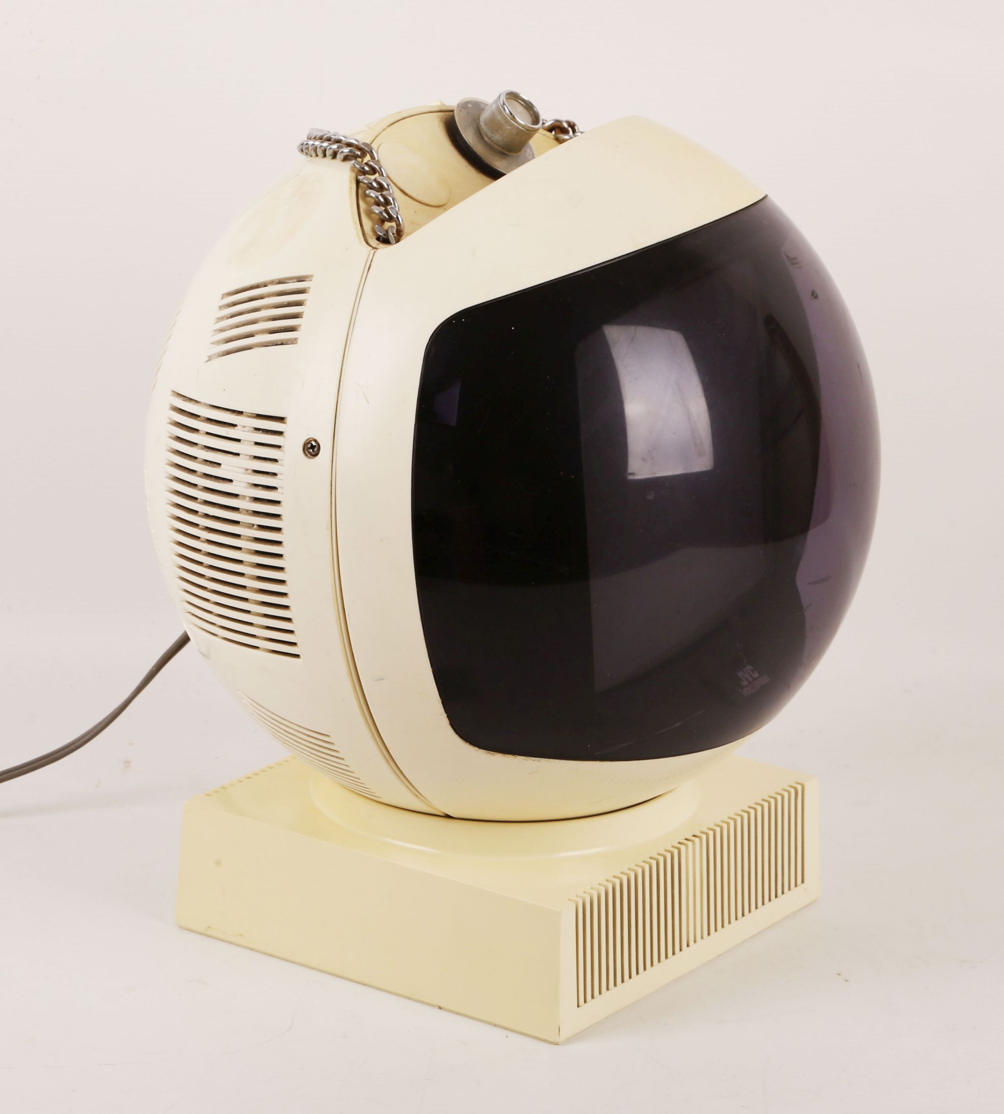 A 1960s JVC videosphere tv, a space age white plastic TV with stand and hanging chain (30cm diam.