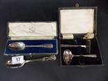 Edwardian silver cased christening spoon, another christening spoon and a cased pusher and spoon