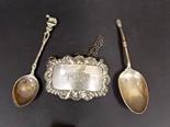 Silver Port wine label and 2 silver Demi-tasse spoons.