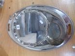 Silver plated salver with pie crust rim, an oval Gadrooned tray and a small oval stand.