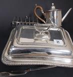 Silver plated wares to include a rectangular Gadrooned lidded tureen, dome cover, toast rack and 2