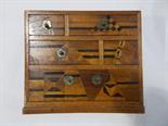 Small mahogany and parquetry miniature chest of 5 drawers, width 5.5”.