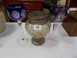 Loetz style iridescent glass pedestal rose bowl, height 6.75” and 2 cut cobalt blue and amethyst