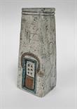 Troika coffin vase, textured and geometric moulded with a pale green ground, painted mark and