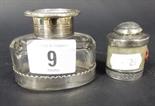 Victorian silver mounted glass oval ink bottle, Sheffield 1895, and a silver mounted onyx powder