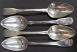 Pair George III silver fiddle pattern table spoons, London 1814, and a pair of similar George IV