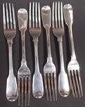 Set of six silver George III fiddle pattern dessert forks, maker WE WF, London, 1817 and 1819, 8.5