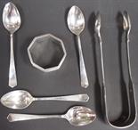 Victorian silver sugar tongs, Exeter 1839, set of four silver demi-tasse spoons and a napkin ring, 3