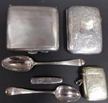 Two silver cigarette cases, 2 Georgian silver teaspoons, one engraved on the bowl with a ship,