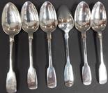 Set of six Victorian Silver fiddle pattern teaspoons, maker WRS, London 1853 3.5oz.