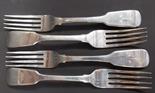 Set of four Victorian silver fiddle pattern table forks, maker SH DC, London 1838, 11 oz approx.