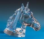 A large and impressive Baccarat horses head clear crystal, Baccarat etched mark to rear of base,