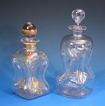 Two glass glug-glug decanters early 20th century, one probably Continental, with enamelled floral,