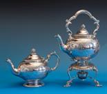 A Victorian silver spirit kettle on stand Martin Hall and Co., London 1887, scrolling handle with