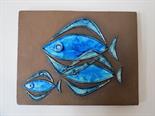 A Danish ceramic wall tile with blue fish composition, 23.5cm x 30cm