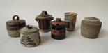 Six studio pottery preserve pots including Lowerdown, Jo Larkman, Warwick Parker etc