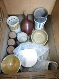 A box of miscellaneous Studio pottery including; Jersey pottery vase with pierced rim, white