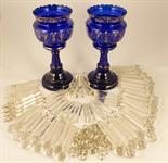 Pair of Victorian blue glass lustres, each with white enamel and gilded flowers and foliage above