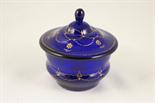 Victorian blue glass sugar bowl and cover, possibly Bristol, decorated with delicate flowers in