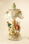 German porcelain figural table lamp, 20th Century, having a floral encrusted porcelain shade inset