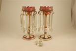 Pair of Bohemian ruby and white overlay glass lustres, late 19th Century, petal form tops