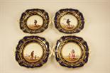 Four Victorian hand decorated dessert plates, circa 1850, each featuring a different workman in a