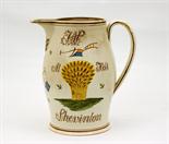 George III creamware farmer`s ale jug dated 1801, bellied form painted with the name and place ``J