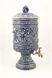 Rhenish salt glazed stoneware cistern, lidded cylindrical form relief moulded with figures and masks