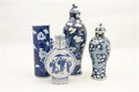 Chinese blue and white moon flask, late 19th Century, decorated with figures beneath a cylinder