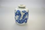 Chinese blue and white snuff bottle, Qing Dynasty (1644-1911), shouldered form with everted rim,