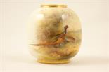 Royal Worcester small vase by James Stinton, hand decorated with a landscape with two pheasants,